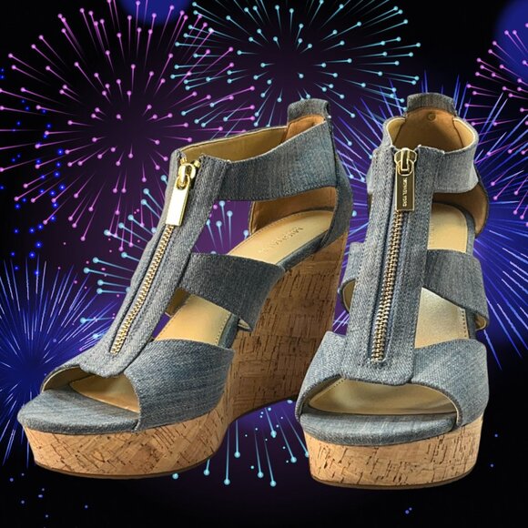 Michael Kors Blue Cork Wedge Sandal Platform Zip Back Washed Denim Size 9.5M - Picture 1 of 8